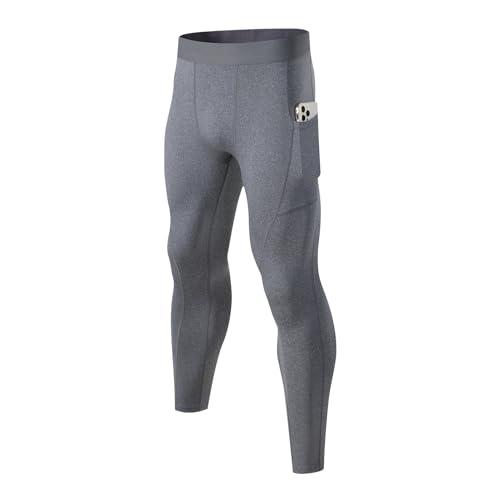 Ruowuhen Kompressionshose Herren Lang Sport Leggings Schnell Trocknend Laufhose mit Taschen für Training Fitness Gym Hellgrau L von Ruowuhen
