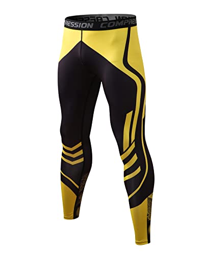 Ruowuhen Kompressionshose Herren Lange Laufhose Männer Sport Leggings Atmungsaktiv Funktionsunterhose Tights Unterhose Schwarz Gelb XL von Ruowuhen
