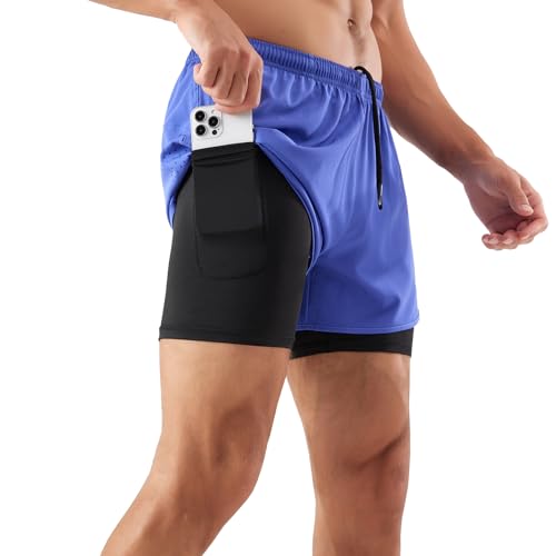 Ruowuhen Laufshorts Herren 2 in 1 Shorts, Schnelltrocknende Sporthose Kurz Atmungsaktiv Trainingsshorts mit Taschen Violett Blau M von Ruowuhen