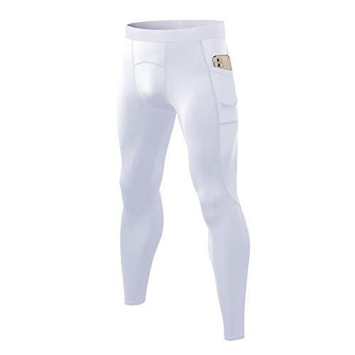 Ruowuhen Sport Leggings Herren Kompressionshose Schnelltrocknend Laufhose mit Taschen, Trainingshose Funktionshose Tights für Männer Weiß M von Ruowuhen