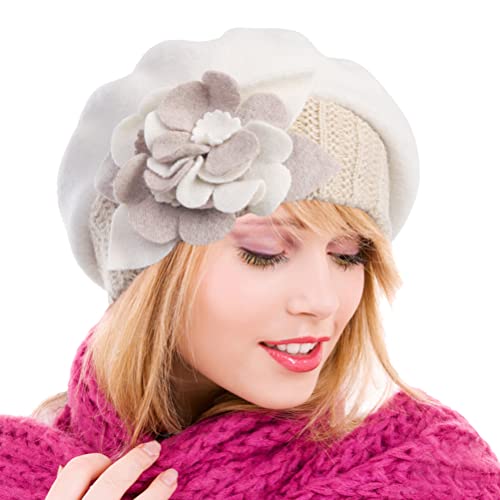 Ruphedy Barett Damen Baskenmütze Wolle Beanie Mütze Warme Wintermütze (Hy023-Cream-A) von Ruphedy