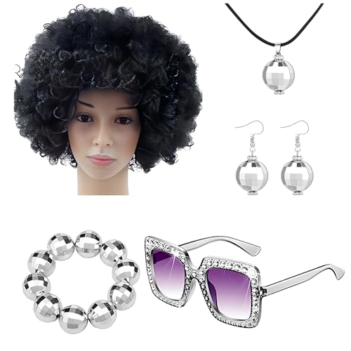 Disco Kostüm Zubehör - Rapper Kostüm 70er Jahre Disco Set Ball Zubehör | Ball Sonnenbrille, Armband, Afro Perücke, Ohrringe, Halskette, Refer to description, Siehe Beschreibung von Rurunklee