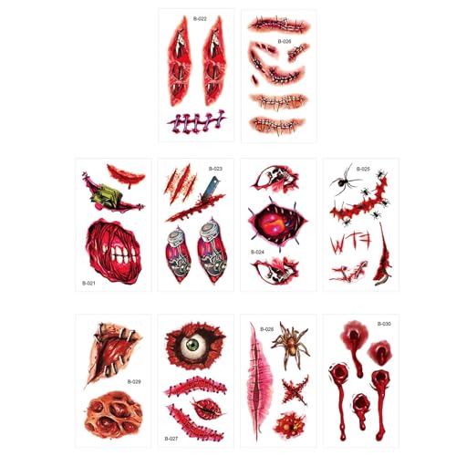 Rurunklee Halloween-Make-up-Set, temporäre Halloween-Aufkleber, kreatives Gesichts-Make-up-Aufkleber, Horror-Gesichtsetikett, Halloween-Maskerade, 10 Stück von Rurunklee