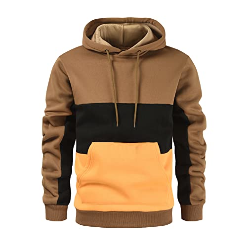 Rusaevon Herren Fleece Pullover Hoodie Sweatshrits Kordelzug Kapuze Color Block Hoody für Herren mit Kängurutasche, braun schwarz orange, X-Large von Rusaevon