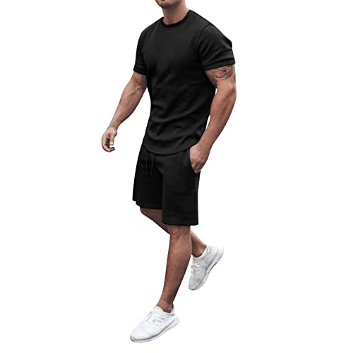 2 Teiliges Sommersportanzug T-Shirts + Kurze Hose Freizeitanzug für Männer und Jungen Herren Jogginganzug Sportanzug Männer Sommer Rundhals Kurzarm T-Shirt Shorts Set mit Kordelzug von Rusaly