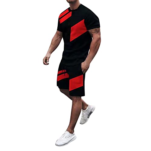 2 Teiliges Sommersportanzug T-Shirts + Kurze Hose Streatwear Trainingsanzüge für Herren Jogginganzug Trainingsanzug 2-Teiliges Outfit Sommer Rundhals Kurzarm T-Shirt Shorts Set mit Kordelzug von Rusaly