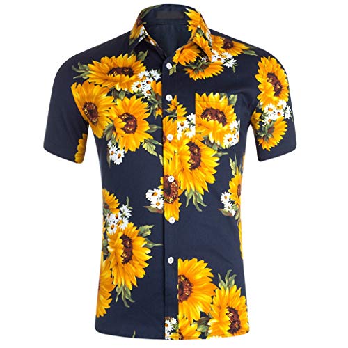 Herren Freizeithemd M鋘ner Slim Fit Kurzarmhemd Sommer Hemd Retro Kurzarm Funky Hawaiihemd Oberteile mit Sonnenblume Drucken A, 2XL Marine (freizeithemd, Chino Herren Slim fit) von Rusaly