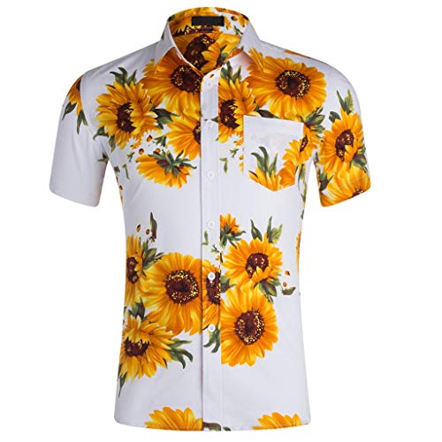 Herren Freizeithemd M鋘ner Slim Fit Kurzarmhemd Sommer Hemd Retro Kurzarm Funky Hawaiihemd Oberteile mit Sonnenblume Drucken A, L Wei?(Bunte Hemden, Slimfit Hemden Herren) von Rusaly