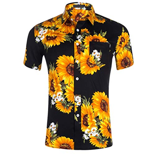 Herren Freizeithemd M鋘ner Slim Fit Kurzarmhemd Sommer Hemd Retro Kurzarm Funky Hawaiihemd Oberteile mit Sonnenblume Drucken A, XL Schwarz (Hemd Kurzarm, Herren holzf鋖lerhemd) von Rusaly