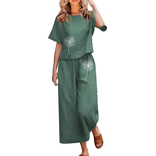 Leinen-Lounge-Sets für Frauen Damen Sommer Zweiteiler ärmellos Leinenweste mit freiliegendem Basic-Top Hosen-Set Rundhal ärmellos Tank top+Hose Trainingsanzüge Elegant 2-Teilig Outfit von Rusaly