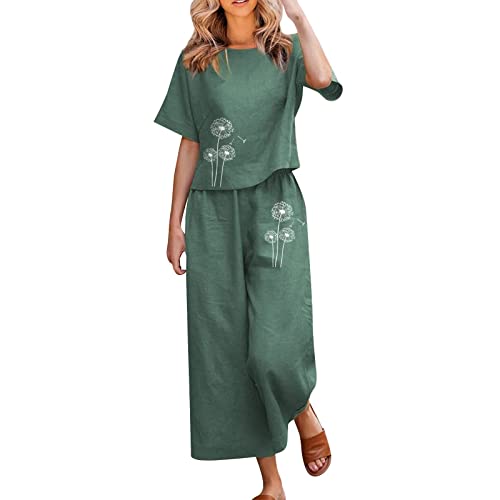 Rusaly Damen Leinen Outfit Elegant 2 Teiler Hosenanzug Set Damen Elegant 2 Teiler Outfit Sommer Leinen Top und Capri Hose Zweiteiler Baumwolle Leinen Freizeitanzug Leicht Loungewear von Rusaly