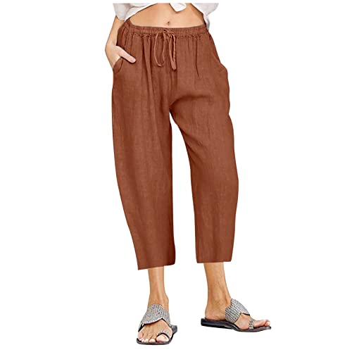 Rusaly Sommerhose Damen leinen 3/4 Leinenhose Damen Sommer Lang Leicht Stoffhose Strandhose Elegant Stretch Weites Bein Sommerhose Luftig Kurzgröße Freizeithose mit Kordelzug und Taschen von Rusaly