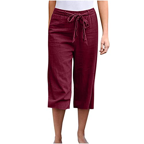 Rusaly Sommerhose Damen leinen 3/4 Leinenhose Damen Sommer Lang Leicht Stoffhose Strandhose Elegant Stretch Weites Bein Sommerhose Luftig Kurzgröße Freizeithose mit Kordelzug und Taschen von Rusaly