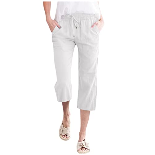 Rusaly Sommerhose Damen leinen 3/4 Leinenhose Damen Sommer Lang Leicht Stoffhose Strandhose Elegant Stretch Weites Bein Sommerhose Luftig Kurzgröße Freizeithose mit Kordelzug und Taschen von Rusaly