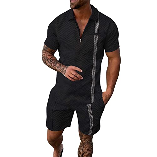 Rusaly trainingsanzug für herren sommer Herren Trainingsanzug Set Sommer Sportanzug Kurzarm T-Shirt + Kurze Hose Sets Freizeitanzug Business Polo Hemd Reißverschluss Zweiteiliges Set für Gym von Rusaly