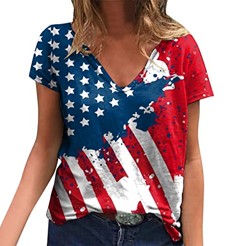 Sommer Stilvoll Stern Streifen USA Flagge T-Shirts Rundhals Kurzarm Oberteile Frauen Unabhängigkeit Mode Elegant Amerika Flagge Drucken Bluse Teenager Mädchen Stripe Star USA Patriotische von Rusaly