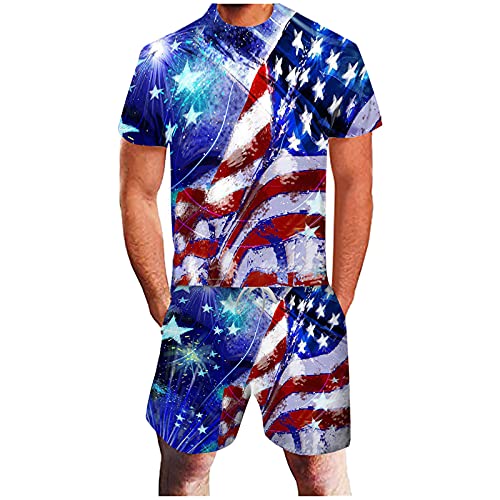 Sportanzug Herren Kurz Jogginganzug USA Flagge Unisex US Flag Trainingsanzug Große Größen Freizeit Zweiteiliger Sommer Rundhals Kurzarm T-Shirt Shorts Set von Rusaly