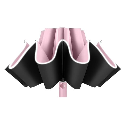 Automatik Umgekehrter Faltbarer Regenschirm, Ruspela Faltbarer umgekehrter Regenschirm, automatisches Öffnen, umgekehrter Regenschirm mit reflektierenden Streifen, Reise-Faltschirm, rose, 10 bones von Ruspela