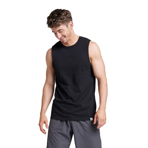Russell Athletic Herren Dri-Power Cotton Blend Sleeveless Muscle, Moisture Wicking, Odor Protection, UPF 30+, Sizes S-4x T-Shirt, Schwarz, L von Russell Athletic