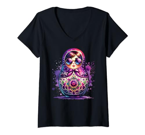 Damen Russian Khokhloma Russland Russen Russische Matrjoschka T-Shirt mit V-Ausschnitt von Russen Kostüm Russisch Matryoshka Designs