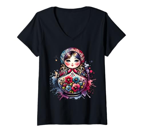Damen Russian Matroschka Russland Russen Russische Matrjoschka T-Shirt mit V-Ausschnitt Damen Russian Matroschka Russland Russen Russische Matrjoschka T-Shirt mit V-Ausschnitt von Russen Kostüm Russisch Matryoshka Designs