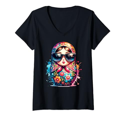 Damen Russian Matroschka Russland Russen Russische Matrjoschka T-Shirt mit V-Ausschnitt von Russen Kostüm Russisch Matryoshka Designs