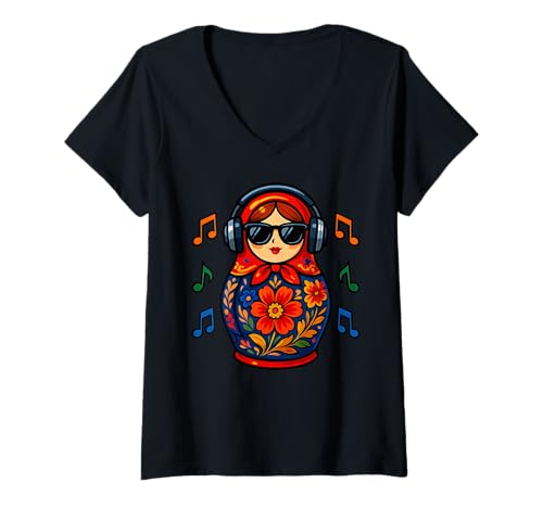 Damen Russian Matroschka Musik Russland Russische Matrjoschka T-Shirt mit V-Ausschnitt Damen Russian Matroschka Musik Russland Russische Matrjoschka T-Shirt mit V-Ausschnitt von Russen Kostüm Russisch Matryoshka Music Designs