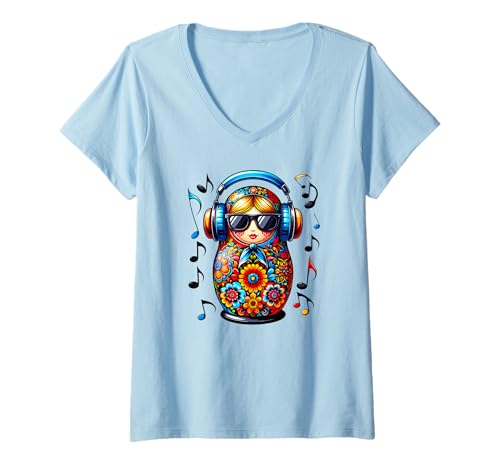 Damen Russian Matroschka Musik Russland Russische Matrjoschka T-Shirt mit V-Ausschnitt von Russen Kostüm Russisch Matryoshka Music Designs