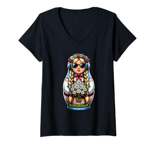 Damen Russian Matroschka Musik Russland Russische Matrjoschka T-Shirt mit V-Ausschnitt Damen Russian Matroschka Musik Russland Russische Matrjoschka T-Shirt mit V-Ausschnitt von Russen Kostüm Russisch Matryoshka Music Designs