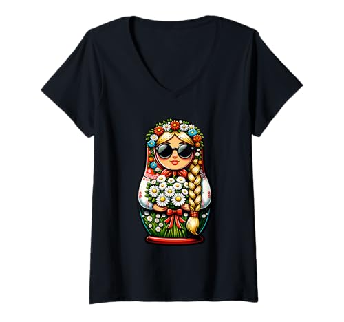 Damen Russian Matroschka Musik Russland Russische Matrjoschka T-Shirt mit V-Ausschnitt Damen Russian Matroschka Musik Russland Russische Matrjoschka T-Shirt mit V-Ausschnitt von Russen Kostüm Russisch Matryoshka Music Designs