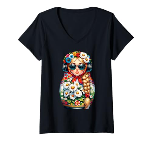 Damen Russian Matroschka Musik Russland Russische Matrjoschka T-Shirt mit V-Ausschnitt Damen Russian Matroschka Musik Russland Russische Matrjoschka T-Shirt mit V-Ausschnitt von Russen Kostüm Russisch Matryoshka Music Designs