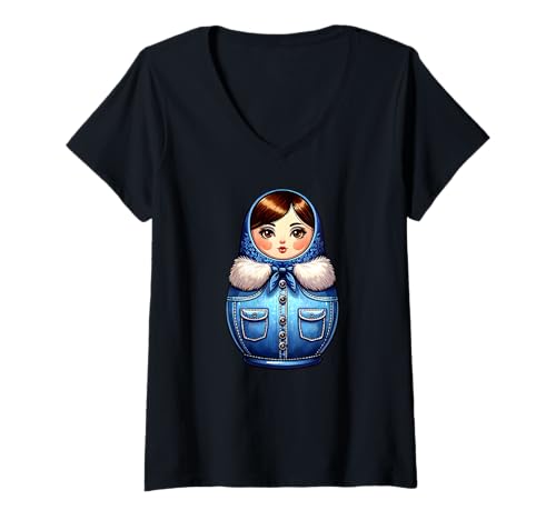 Damen Russische Matroschka Weihnachten Russland Matrjoschka T-Shirt mit V-Ausschnitt Damen Russische Matroschka Weihnachten Russland Matrjoschka T-Shirt mit V-Ausschnitt von Russen Kostüm Russisch Matryoshka Party Designs