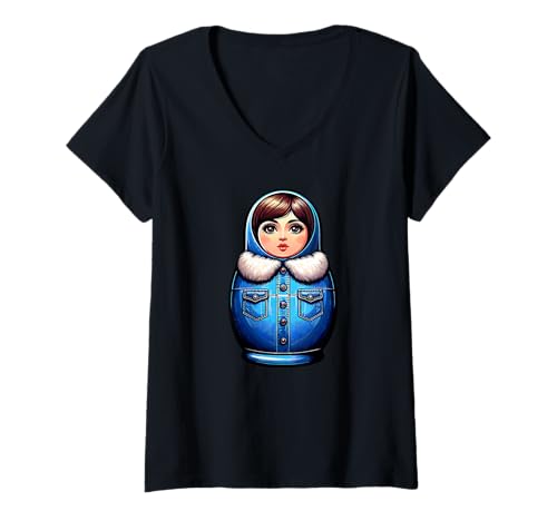 Damen Russische Matroschka Weihnachten Russland Matrjoschka T-Shirt mit V-Ausschnitt Damen Russische Matroschka Weihnachten Russland Matrjoschka T-Shirt mit V-Ausschnitt von Russen Kostüm Russisch Matryoshka Party Designs
