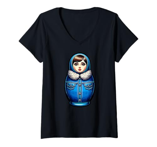 Damen Russische Matroschka Weihnachten Russland Matrjoschka T-Shirt mit V-Ausschnitt Damen Russische Matroschka Weihnachten Russland Matrjoschka T-Shirt mit V-Ausschnitt von Russen Kostüm Russisch Matryoshka Party Designs