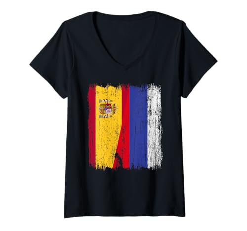 Damen Spanien Russland Halbflagge Spanisch Russisch Trikot T-Shirt mit V-Ausschnitt von Russia Flag Design Russian Roots Pride