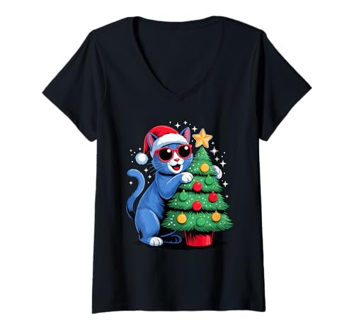 Damen Christmas Russian Blue Cat Sunglasses Russian Blues Maltese T-Shirt mit V-Ausschnitt Damen Christmas Russian Blue Cat Sunglasses Russian Blues Maltese T-Shirt mit V-Ausschnitt von Russian Blue Cat Lover Gifts