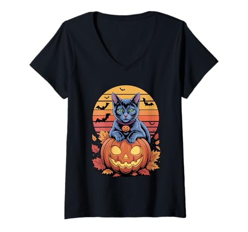 Damen Halloween Retro Russian Blue Cat Russian Blues Maltese T-Shirt mit V-Ausschnitt Damen Halloween Retro Russian Blue Cat Russian Blues Maltese T-Shirt mit V-Ausschnitt von Russian Blue Cat Lover Gifts
