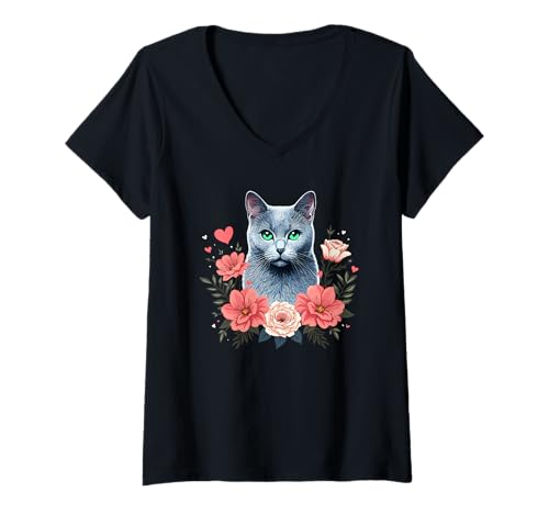 Damen Roses Flowers Russian Blue Cat Russian Blues Maltese T-Shirt mit V-Ausschnitt von Russian Blue Cat Lover Gifts
