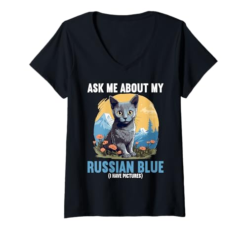 Damen Russian Blue Cat Russisch Blau Katze T-Shirt mit V-Ausschnitt Damen Russian Blue Cat Russisch Blau Katze T-Shirt mit V-Ausschnitt von Russian Blue Cat Russian Blue Katze Haustier Shop
