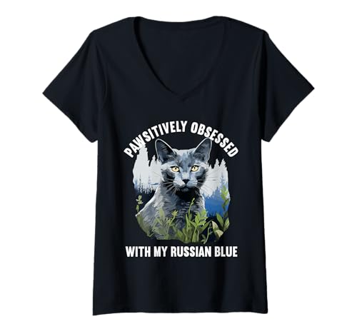 Damen Russian Blue Cat Russisch Blau Katze T-Shirt mit V-Ausschnitt Damen Russian Blue Cat Russisch Blau Katze T-Shirt mit V-Ausschnitt von Russian Blue Cat Russian Blue Katze Haustier Shop