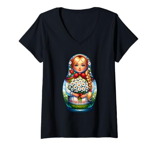 Damen Matroschka auf russisch Matryoshka Doll Russian und Russen T-Shirt mit V-Ausschnitt von Russian Girl Matrjoschka Russland Russin Kostüm