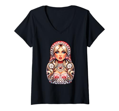 Damen Matroschka auf russisch Matryoshka Doll Russian und Russen T-Shirt mit V-Ausschnitt Damen Matroschka auf russisch Matryoshka Doll Russian und Russen T-Shirt mit V-Ausschnitt von Russian Girl Matrjoschka Russland Russin Kostüm