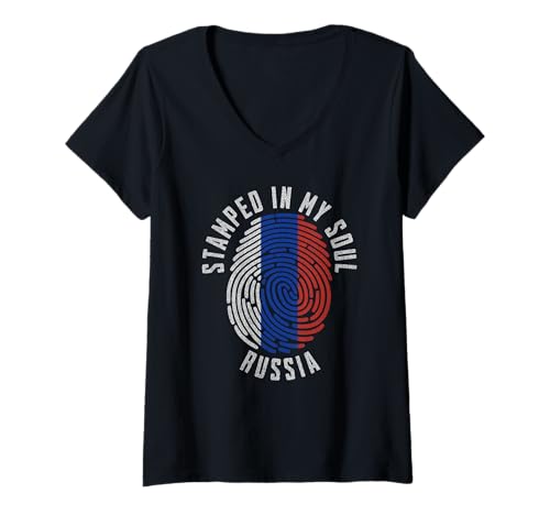 Damen Gestempelt in My Soul Russland Flagge, Design Russian Pride T-Shirt mit V-Ausschnitt von Russian Pride Stamped in My Soul Russia