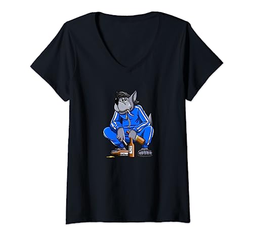 Damen Russischer Gopnik Russenhocke Nu Pogodi Wolf Russian T-Shirt mit V-Ausschnitt von Russische Kleidung