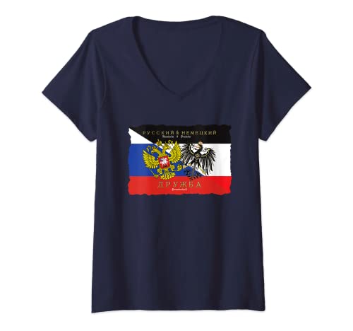 Damen Russland & Deutschland Freundschaft Flaggen Wappen mit Adler T-Shirt mit V-Ausschnitt von Russland - Russlanddeutsche - Russische Föderation