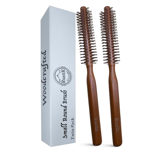 RustiK Doppelpack Kleine Rundbürste Barrel Haarbürste zum Föhnen Männer Bartbürste Stylingbürste für Locken Pony Kurzhaar Umweltfreundlich Quiff Roller Holzgriff (klein, 2 Stück) von RustiK