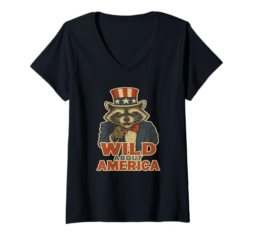 Damen Wild About America Patriotischer Waschbär T-Shirt mit V-Ausschnitt von Rustic Americana Vibes