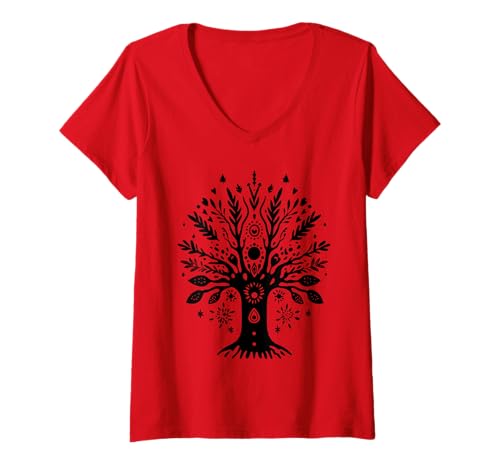 Damen Boho Tree Tribal Ethnic Nature Native Bohemian Mystical Art T-Shirt mit V-Ausschnitt Damen Boho Tree Tribal Ethnic Nature Native Bohemian Mystical Art T-Shirt mit V-Ausschnitt von Rustic Boho Style Bohemian Nature Creations