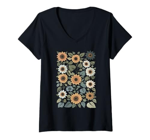 Damen Sunflower Pattern Floral Botanical Design Boho Rustic Nature T-Shirt mit V-Ausschnitt Damen Sunflower Pattern Floral Botanical Design Boho Rustic Nature T-Shirt mit V-Ausschnitt von Rustic Boho Style Bohemian Nature Creations