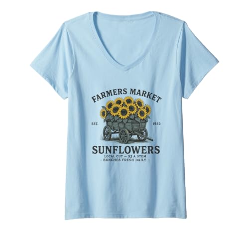 Damen Farmers Market Sonnenblumen-Sträuße täglich frisch T-Shirt mit V-Ausschnitt von Rustic Farmers Market Vintage Sunflower Cart